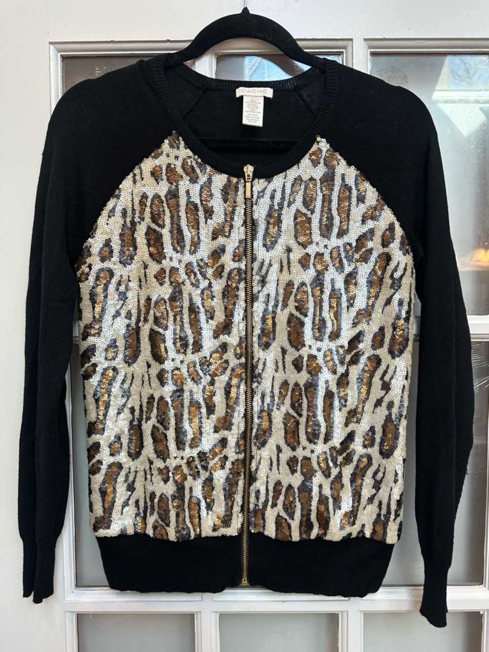 Vintage Cache Y2K Chic Sequin Leopard Front Zip Cardigan Sweater Size Small S